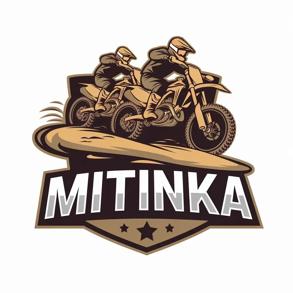 a vector logo design,with the text "MITINKA", main symbol:enduro motorcycles ride on sandy pit,Moderate,be used in Sports Fitness industry,clear background