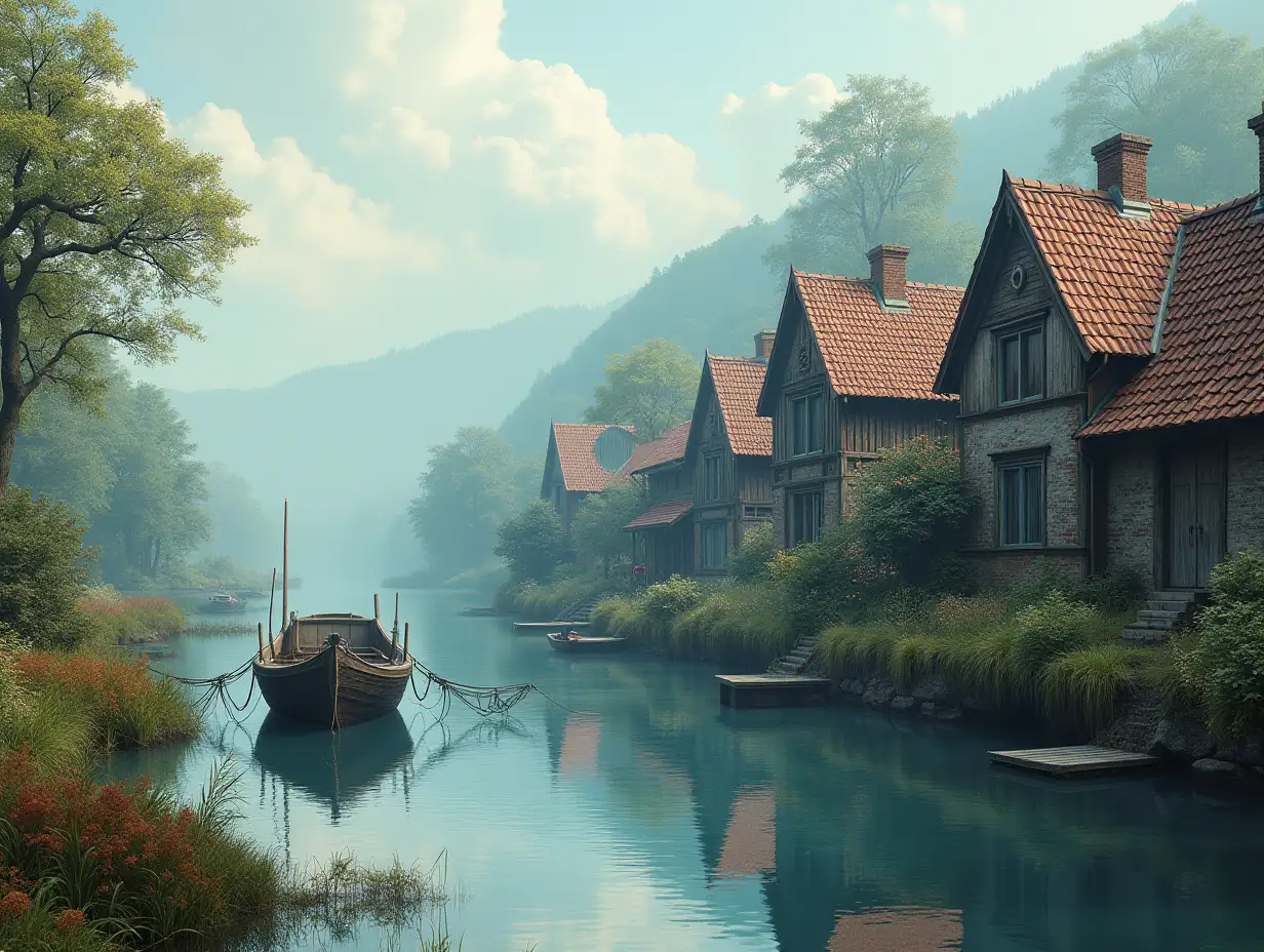 Dreamy houses next to a river with fishing nets and a small boat