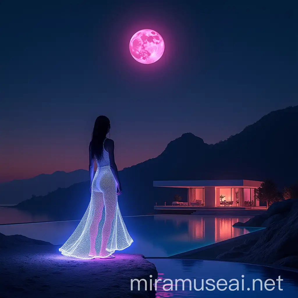 Minimalistic Woman Beside Volcano in California Villa with Digital Lights and Pink Moon