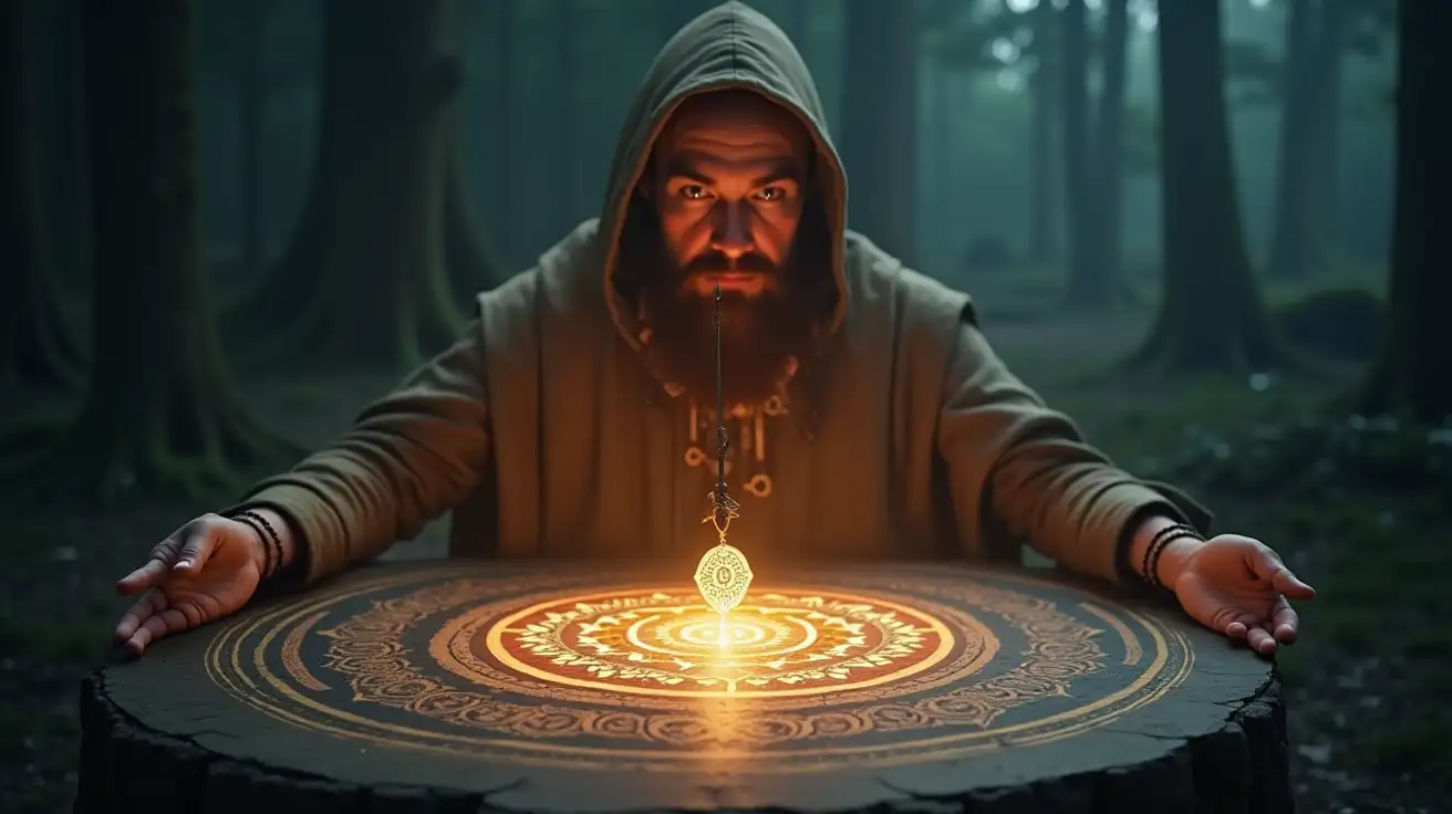 create an image of a male druid using a pendulum over a glowing ancient geometric mandala symbol in a mysterious setting