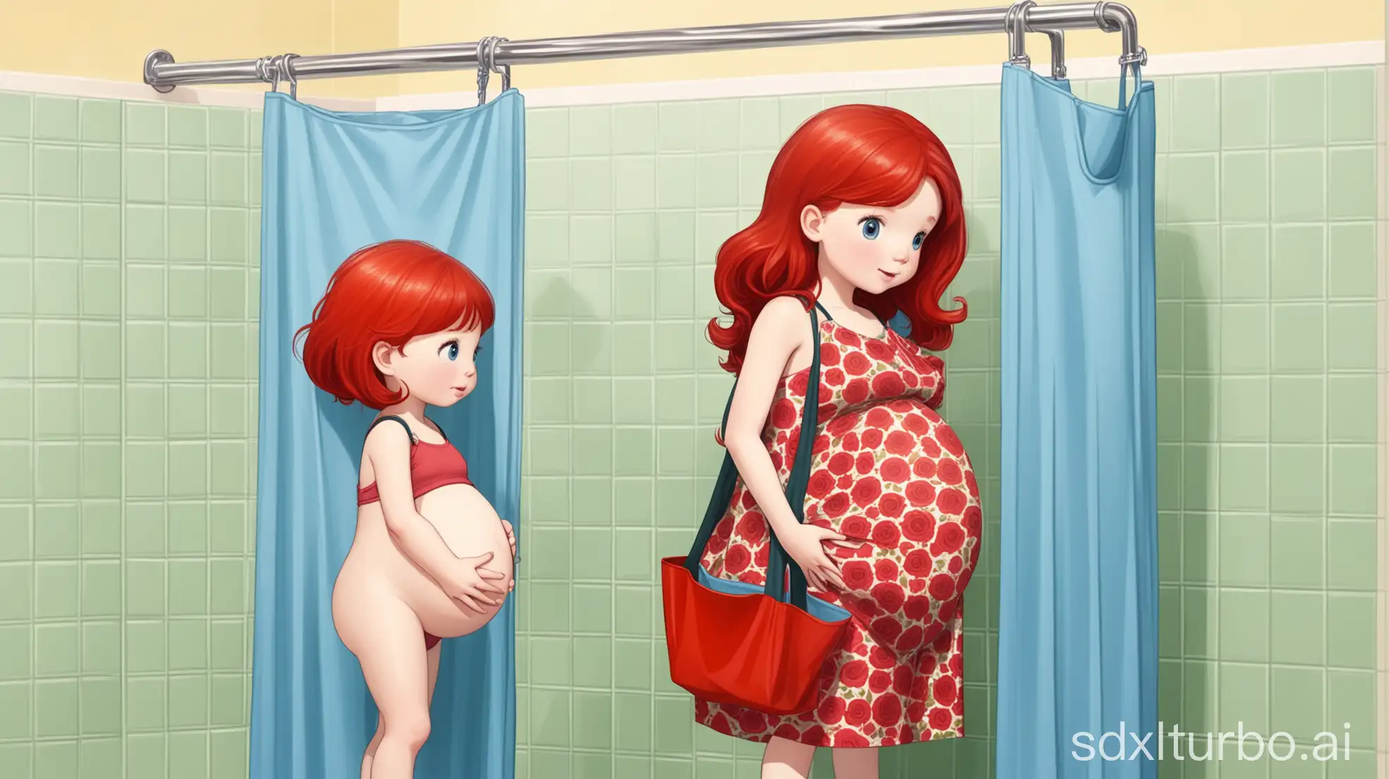 Two Adorable-Pregnant-redhead-Girl-at-Preschool-shower stall big rubber bag hanging from rail red flower tile standing