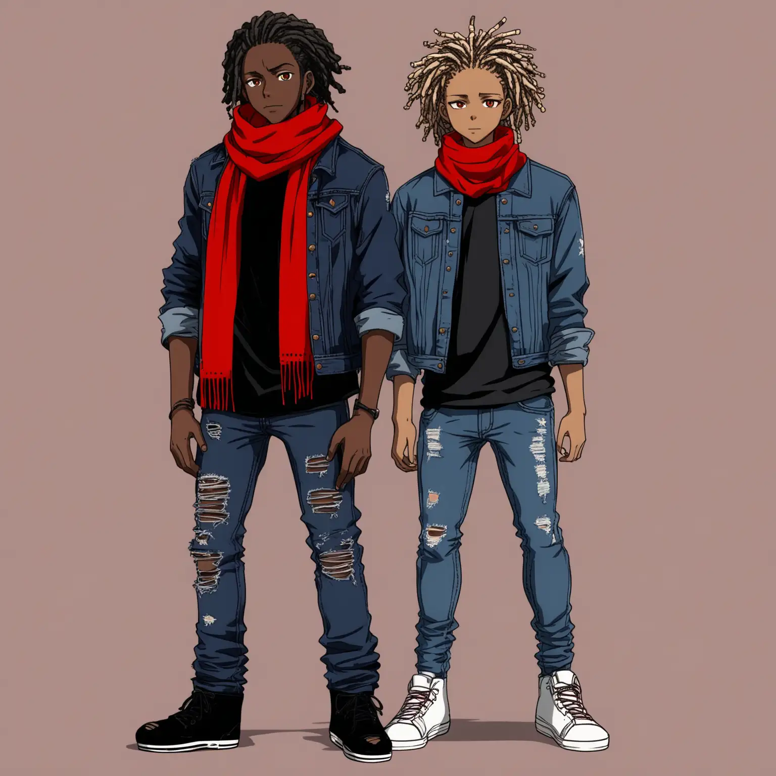 Black Anime Character with Locs Wearing Red Scarf and Purple Distressed Jean Jacket