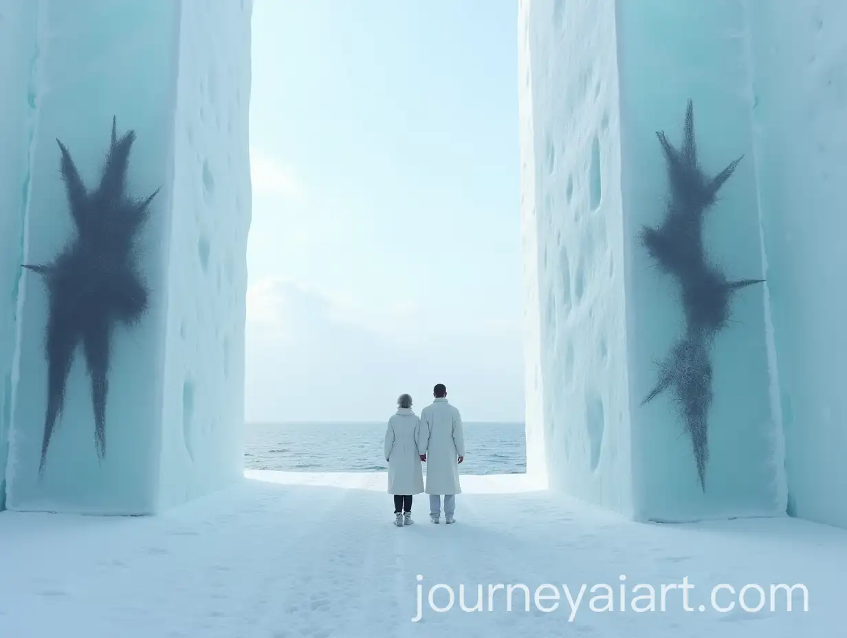 Couple-in-White-Clothing-Standing-Amidst-Ice-and-Snow-with-Frozen-Abstract-Objects-in-the-Far-North