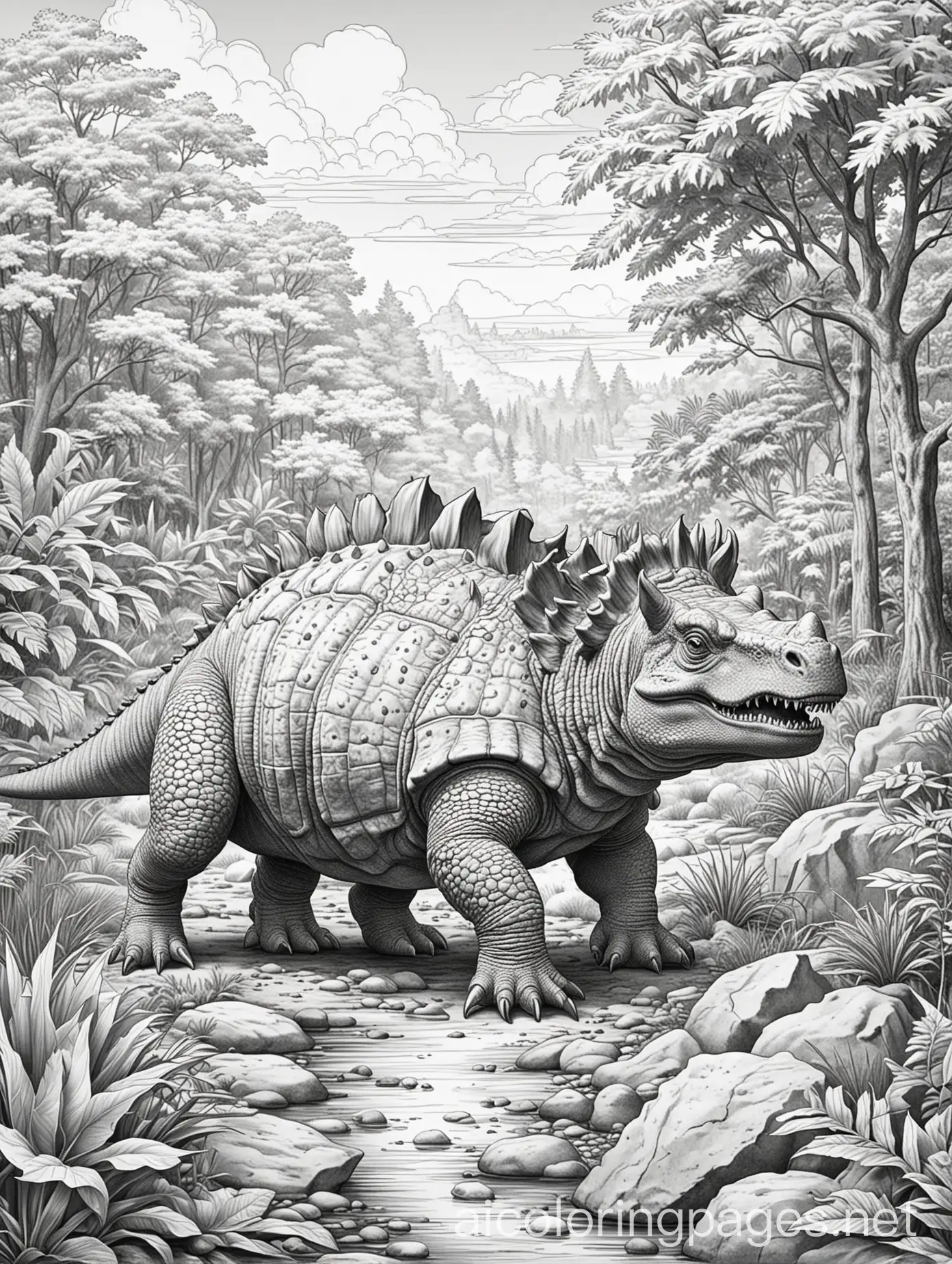 Create a coloring page of an Ankylosaurus in a prehistoric environment for a children's coloring book. The scene must include the following elements:nnAnkylosaurus: Central in the image, Ankylosaurus should be in a moving or herding pose, highlighting its body armor and the large club on its tail.nEnvironment: A prehistoric landscape with moderate vegetation, including low trees and shrubs. Add a clear or partly cloudy sky to the background.nDetails: Include small elements like rocks, fallen leaves, and perhaps some small dinosaurs or prehistoric creatures in the background to enhance the scene.nColoring Page, black and white, line art, white background, Simplicity, Ample White Space. The background of the coloring page is plain white to make it easy for young children to color within the lines. The outlines of all the subjects are easy to distinguish, making it simple for kids to color without too much difficulty