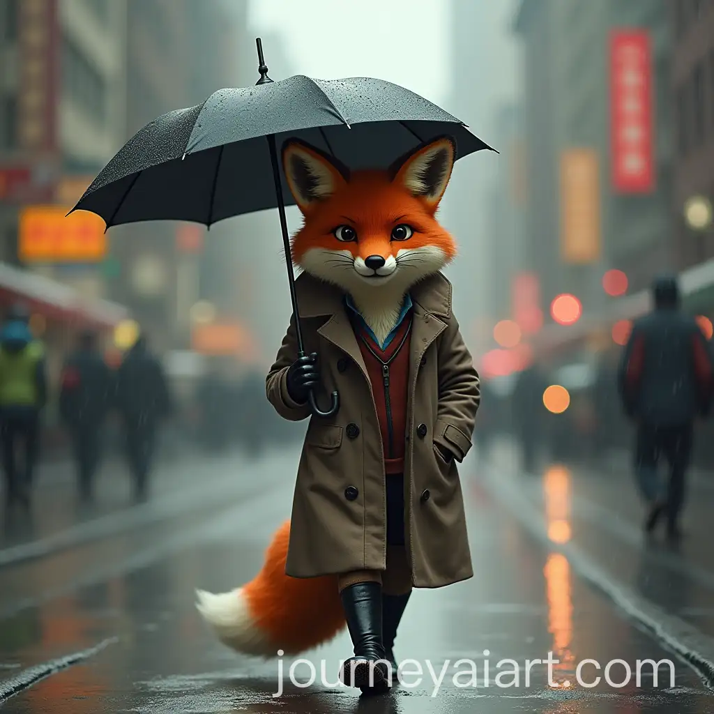 Fox-in-Stylish-Coat-Walking-with-Umbrella-in-Rainy-City-Streets