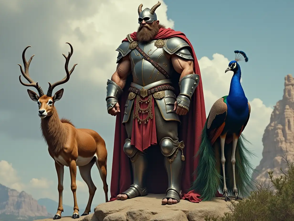 A very detailed photo. A full body representation of an Animal-Hybrid bodybuilder with knight's armor and antelope and peacock on a rock