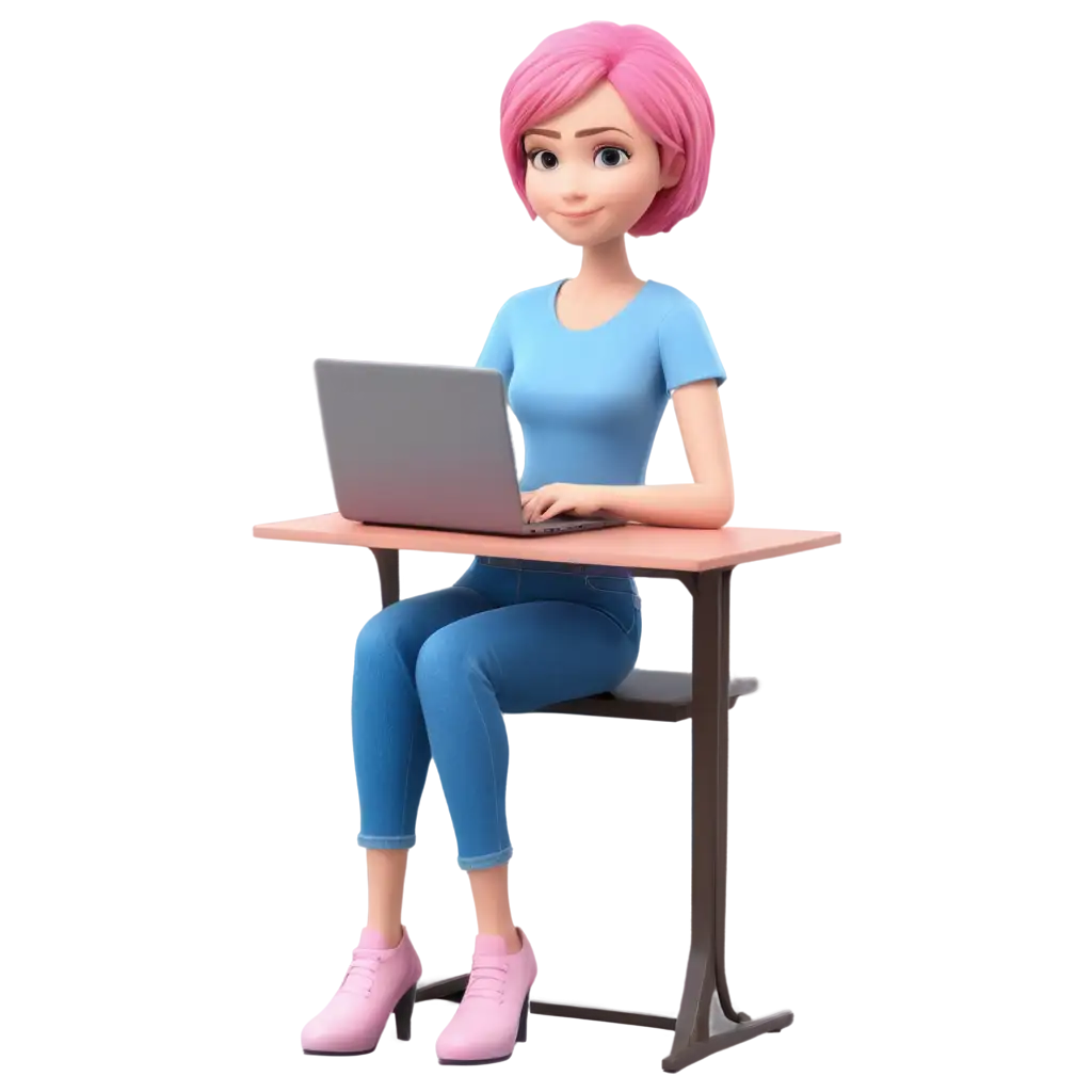 3D-Girl-in-Blue-Jeans-and-Pink-TShirt-with-Short-Hair-Sitting-at-a-Table-with-a-Laptop-PNG-HighQuality-Transparent-Image-for-Versatile-Use