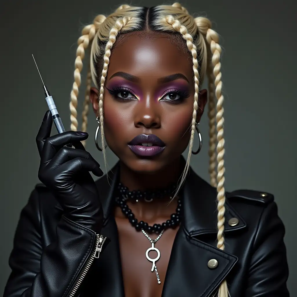 Gothic-African-Woman-with-Blonde-Pigtails-in-Leather-Jacket