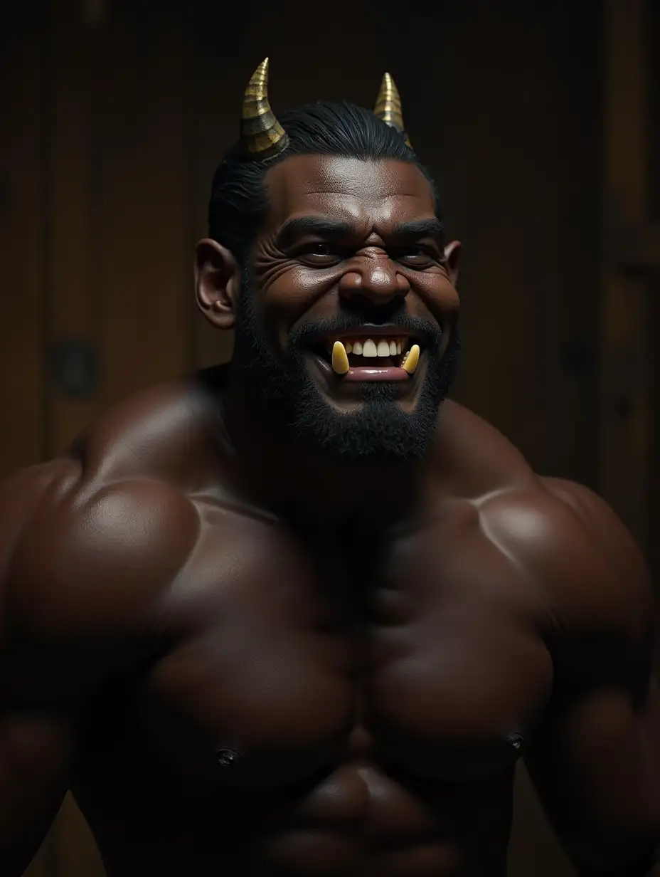 Beefy-Muscular-Black-Man-with-Orclike-Teeth-in-Rustic-Medieval-Interior