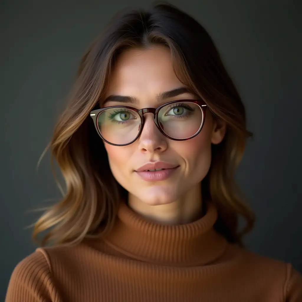 a 25 year old women wearing metal frame specs .stunning image with brown top