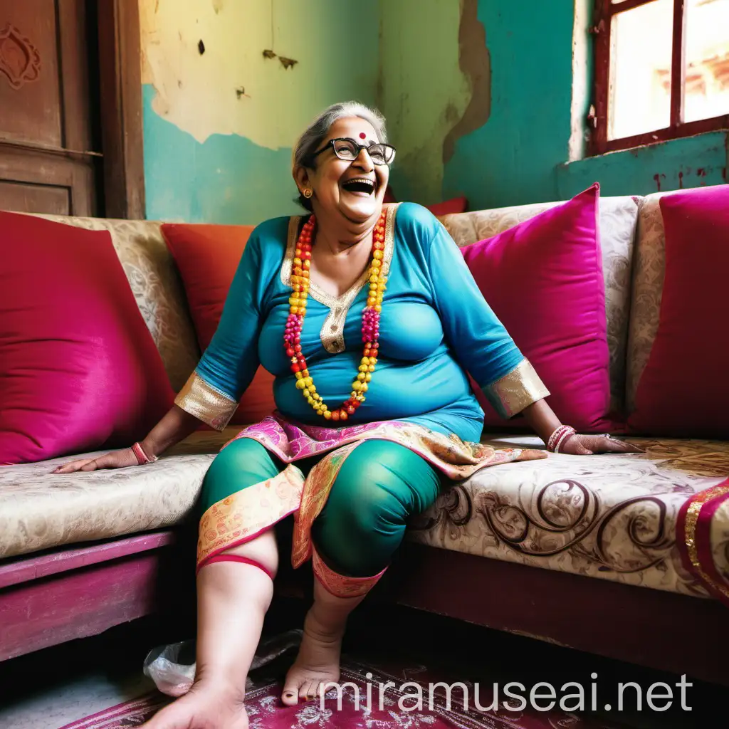 Happy Punjabi Mature Woman Laughing in Old Building Interior