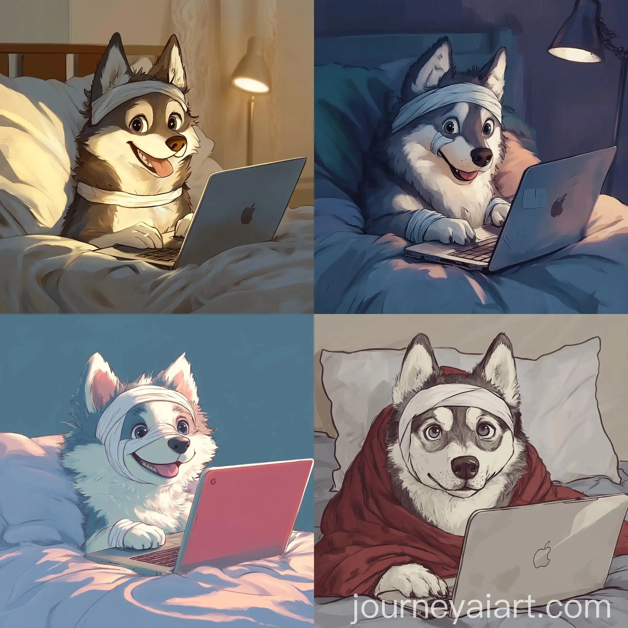 Happy-Siberian-Husky-with-Bandaged-Ears-Working-on-Laptop-in-Bed