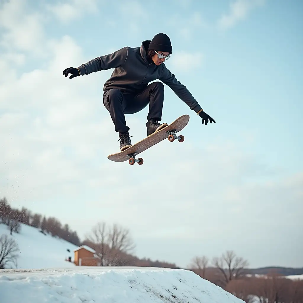 a skater on the board performs a very dangerous, extreme trick in the sky