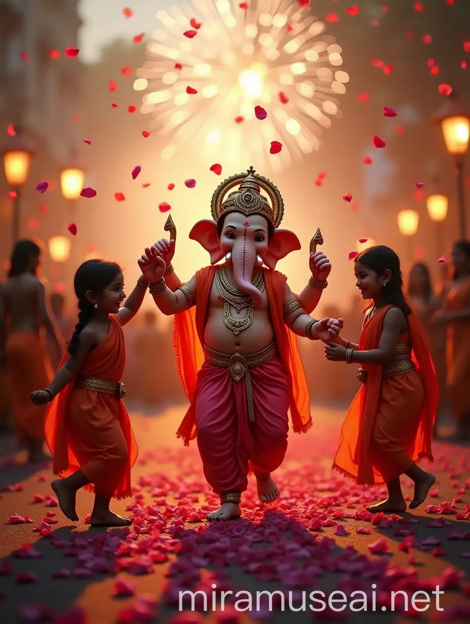 Vibrant Hindu Lord Ganesh Dance Amidst Rose Petals and Festivities