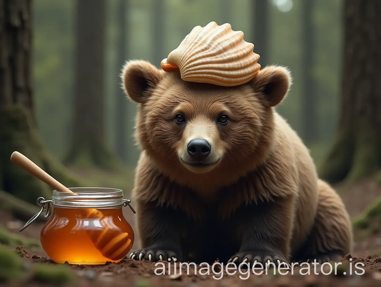 Grumpy-Bear-with-Seashell-and-Honey-Pot-in-Forest