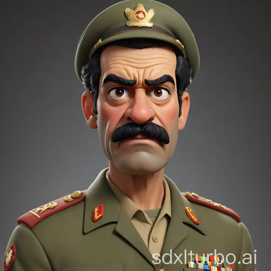 A 3d render of a disney pixar movie style poster with title saddam hussein