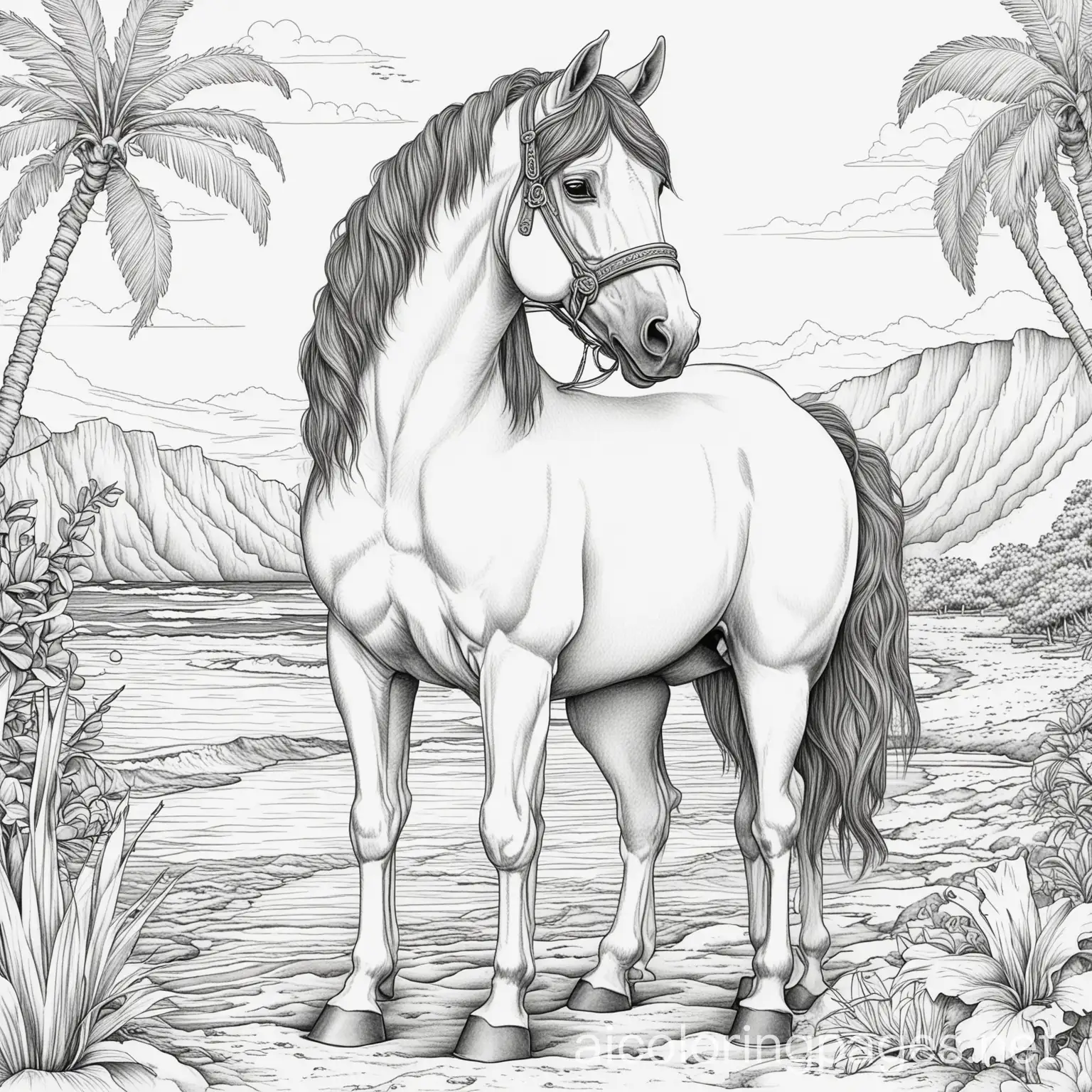 A horse in Hawaii, Coloring Page, black and white, line art, white background, Simplicity, Ample White Space. The background of the coloring page is plain white to make it easy for young children to color within the lines. The outlines of all the subjects are easy to distinguish, making it simple for kids to color without too much difficulty