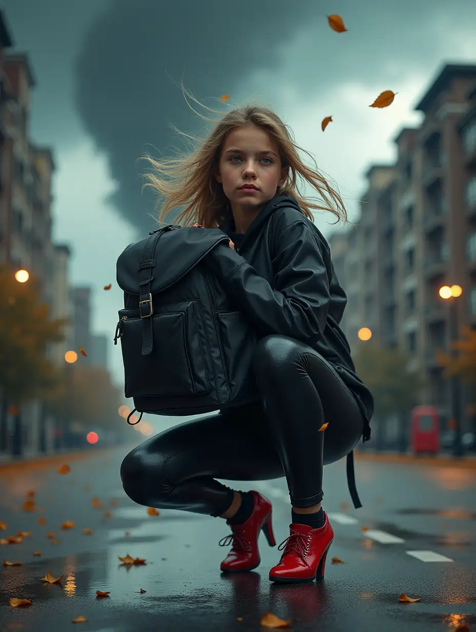 Athletic-Girl-Battling-Hurricane-Winds-with-Oversized-Backpack