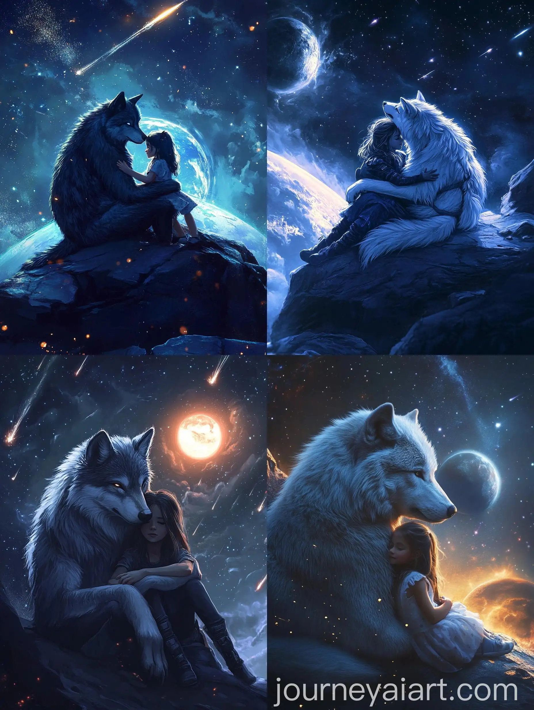 Furry-Lady-and-Girl-Hugging-on-Alien-Planet-with-Meteor-Shower-and-Earth-View