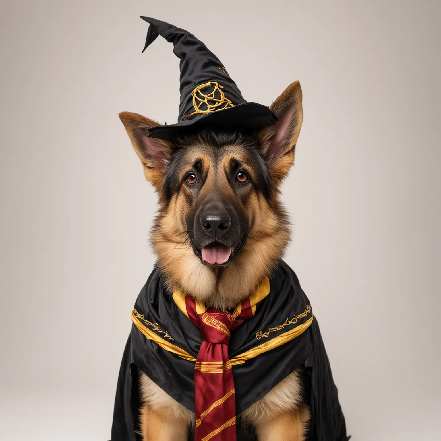 German Shepherd Dressed as Harry Potter on White Background