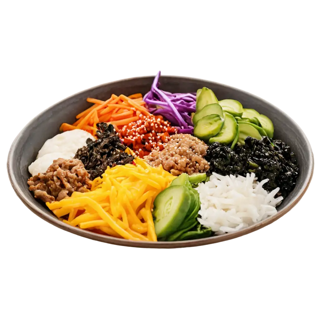 A vibrant bowl of bibimbap with colorful veggies, egg, and sauces.