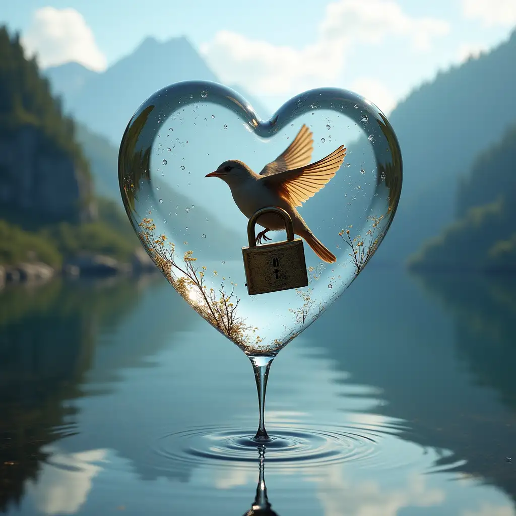 semi transparent heart with a live sparrow lock inside of it heart slowly dripping from a little distance into a mountain crystal clear water