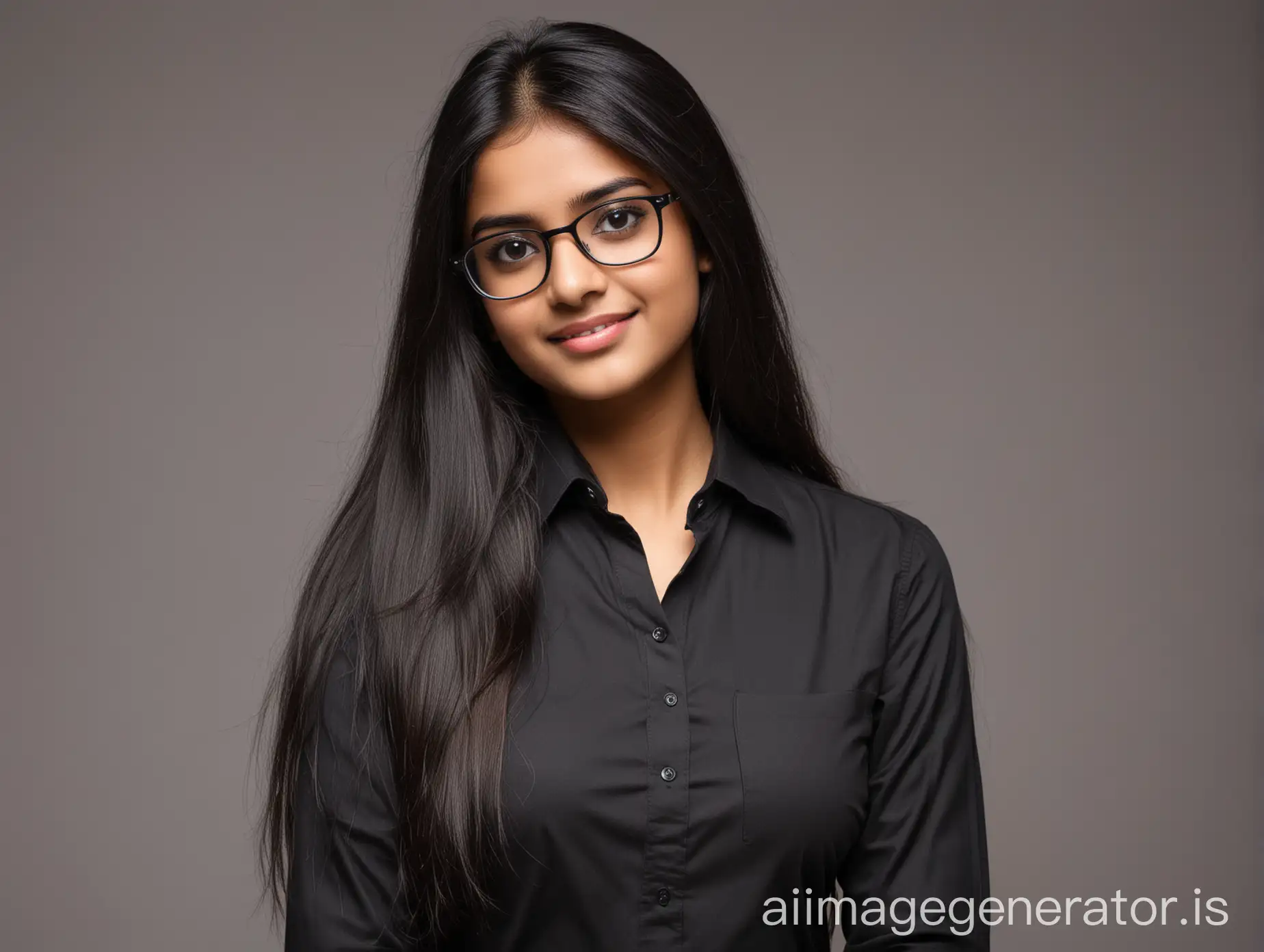 20 year indian girl in formal black shirt and straight long hair. Spectacles, cute