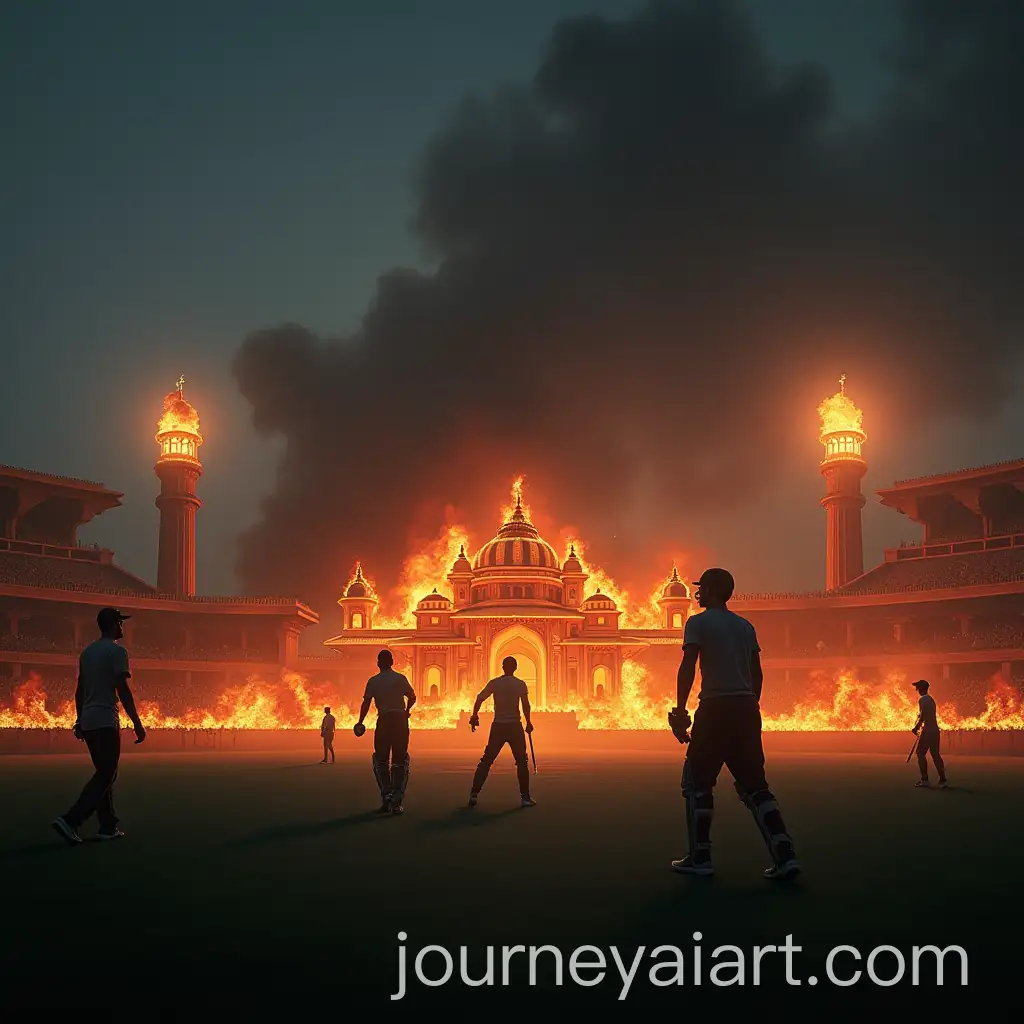 Players-Playing-Cricket-in-a-Stadium-with-Glitching-Background-Showing-Burning-of-Hindu-Temples