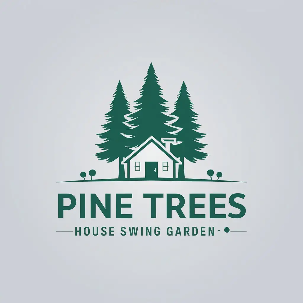 a vector logo design,with the text "pine trees house swing garden", main symbol:pines,Minimalistic,clear background