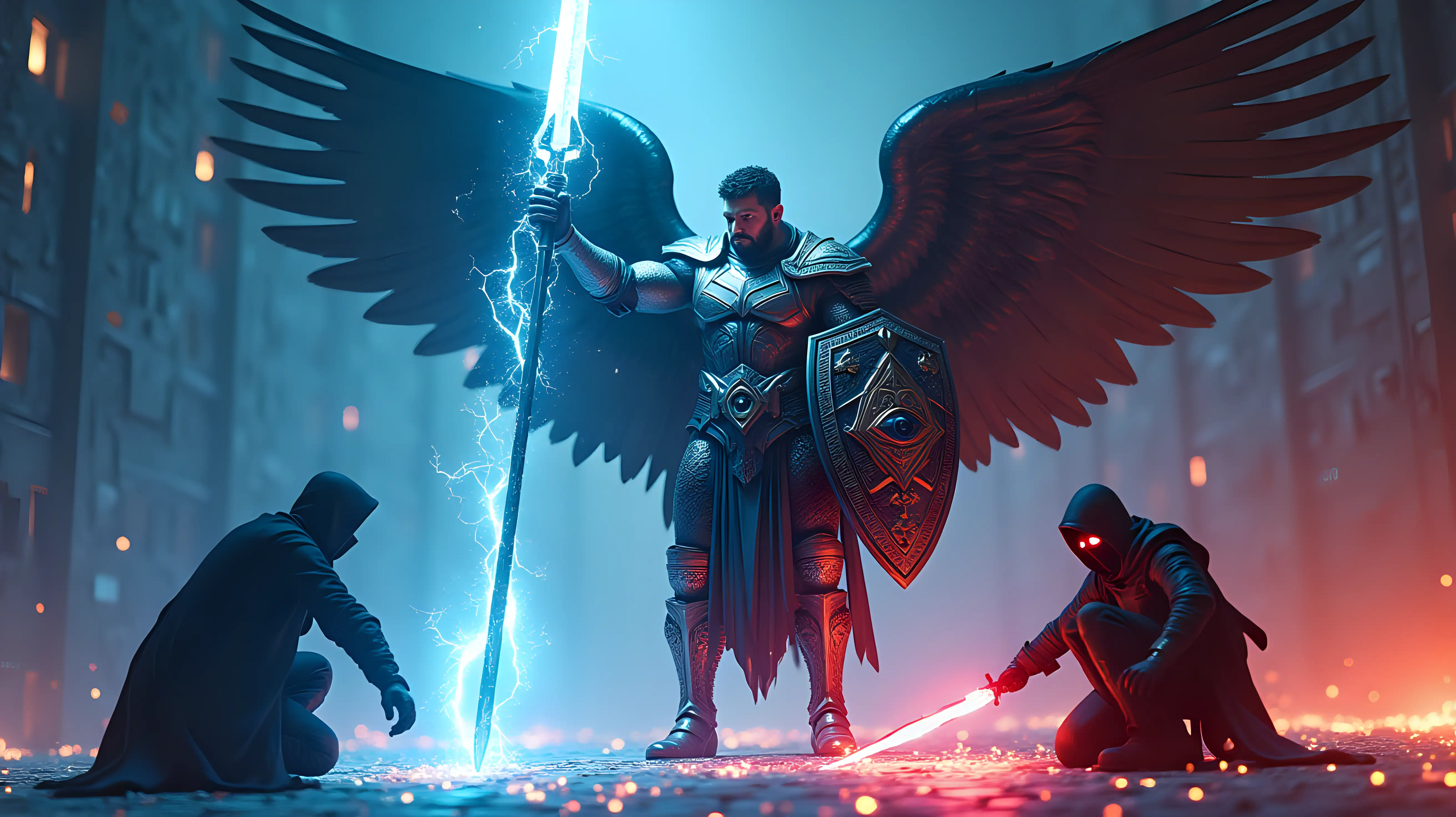 A cinematic digital battlefield. A muscular humanoid angel stands ready for war, clad in ornate, radiant holy knight armor — plated, engraved with celestial glyphs and cryptographic symbols, glowing faintly with divine light. Towering wings spread from his back, dark and powerful. His face is human and noble, his expression grim and focused. In his left hand, he raises a large, gleaming shield etched with a divine eye-inside-hexagon emblem. In his right, a glowing spear crackling with blue-white energy is held aloft, ready to strike.nAcross from him, a hooded cyber thief crouches in dark glitching armor, glowing red eyes beneath a shadowed hood. He holds a jagged energy blade, and they clash above a glowing hexagonal tessellated grid that flickers underfoot. The digital environment is charged — falling code, circuitry walls, and neon embers fill the air, evoking a standoff between divine protection and corrupted intrusion.nLighting splits the scene: cold blue divine energy on the angel’s side, searing red chaos on the hacker’s