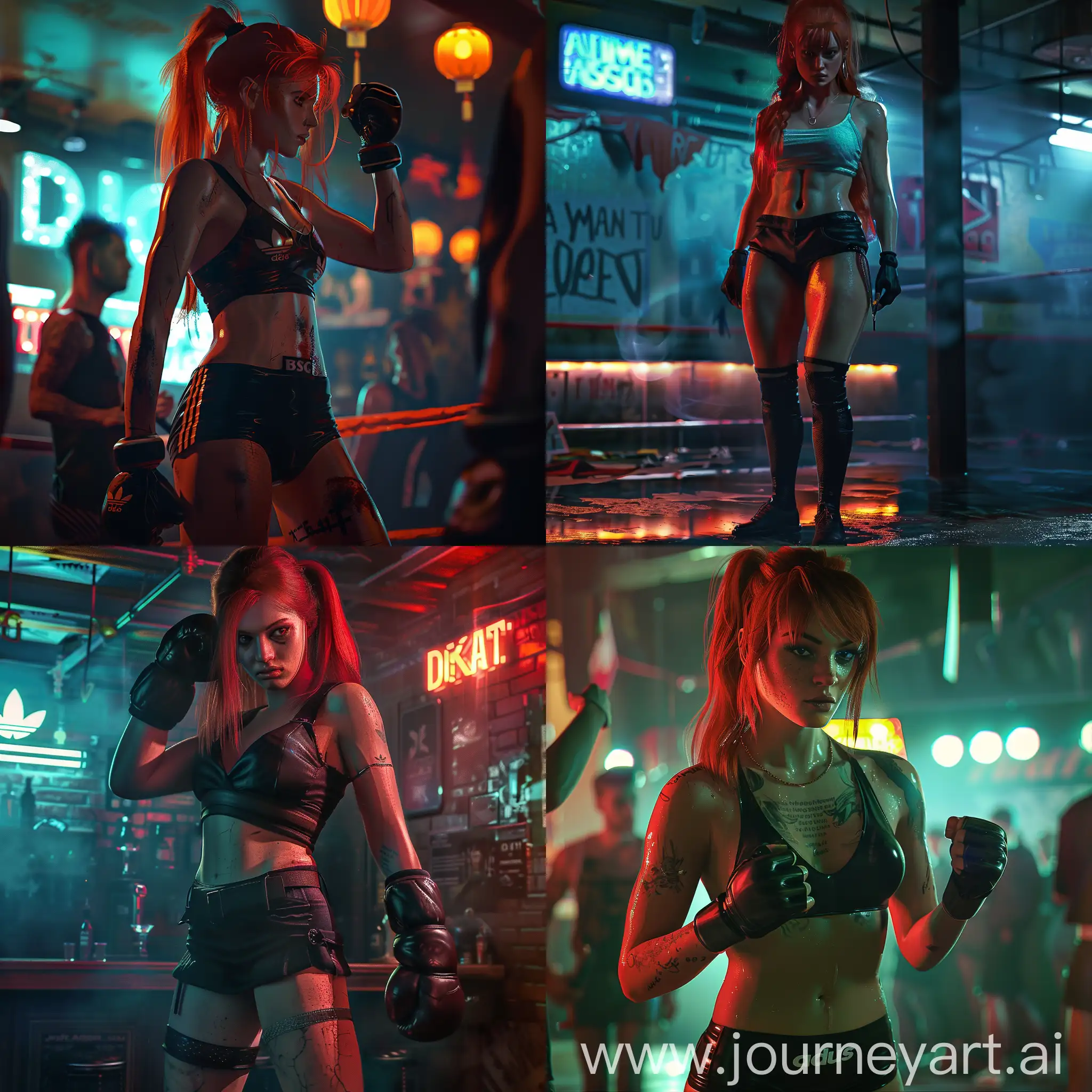 Dramatic-Night-Club-Scene-Muscular-RedHaired-Female-Bouncer-Prepares-for-Fight