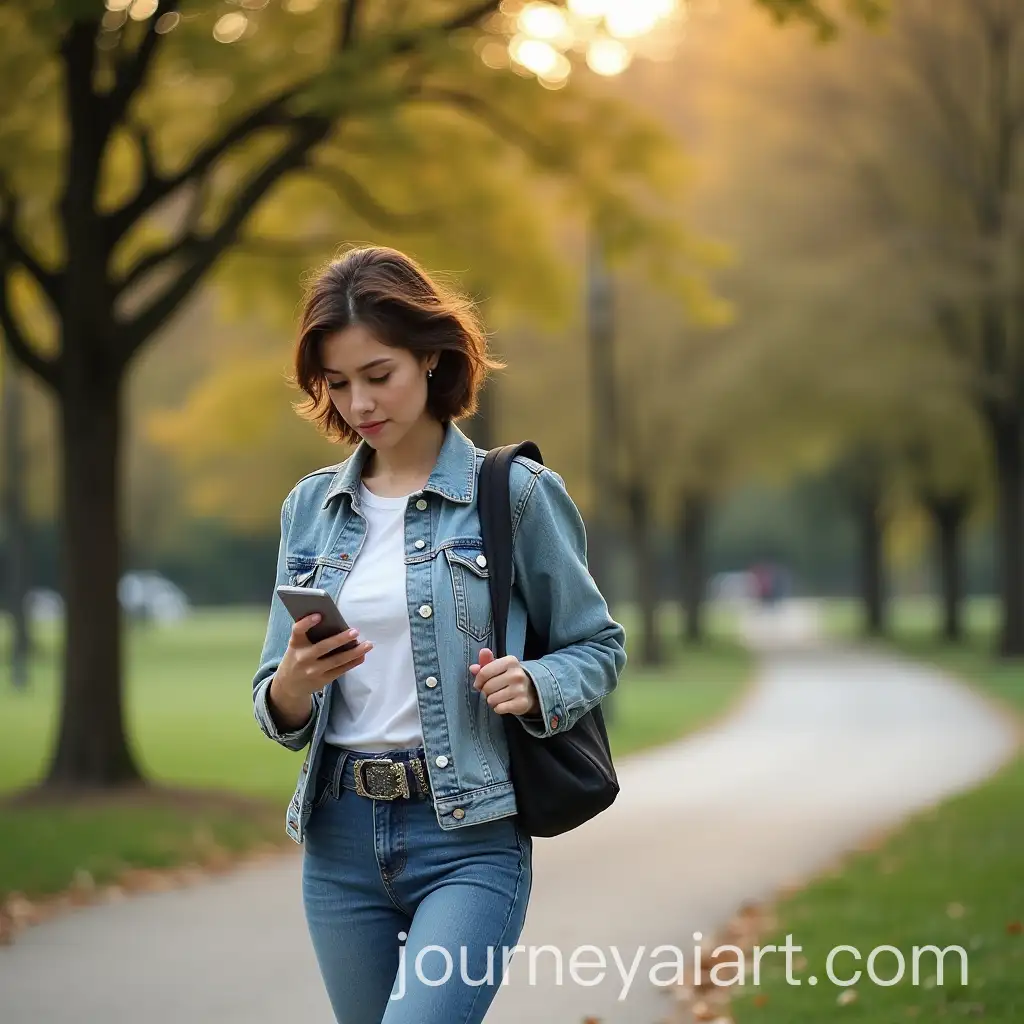 Woman-with-Short-Brown-Hair-Walking-in-Park-Checking-Phone
