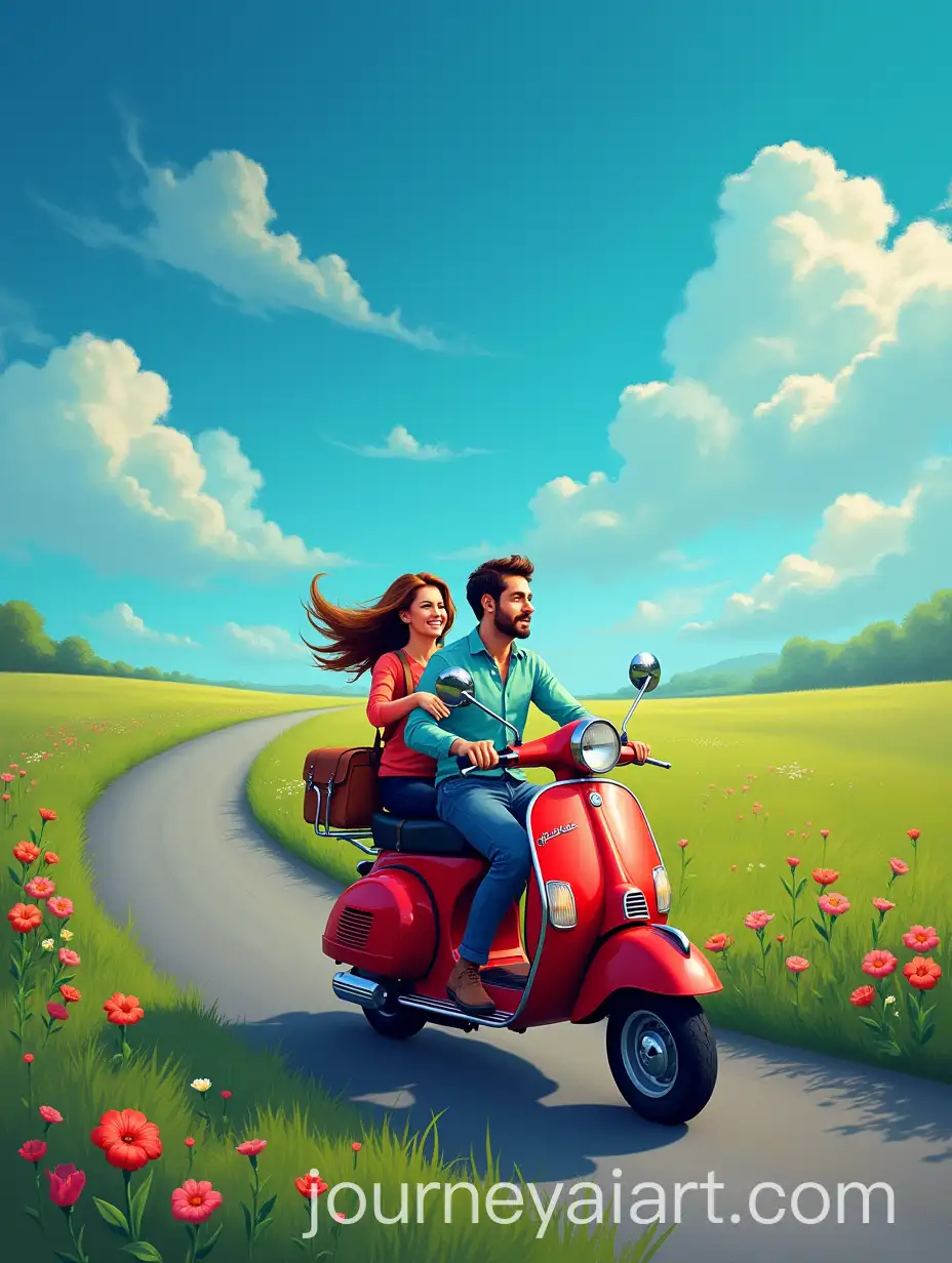 Couple-Joyfully-Riding-a-Red-Vespa-Scooter-Under-a-Blue-Sky