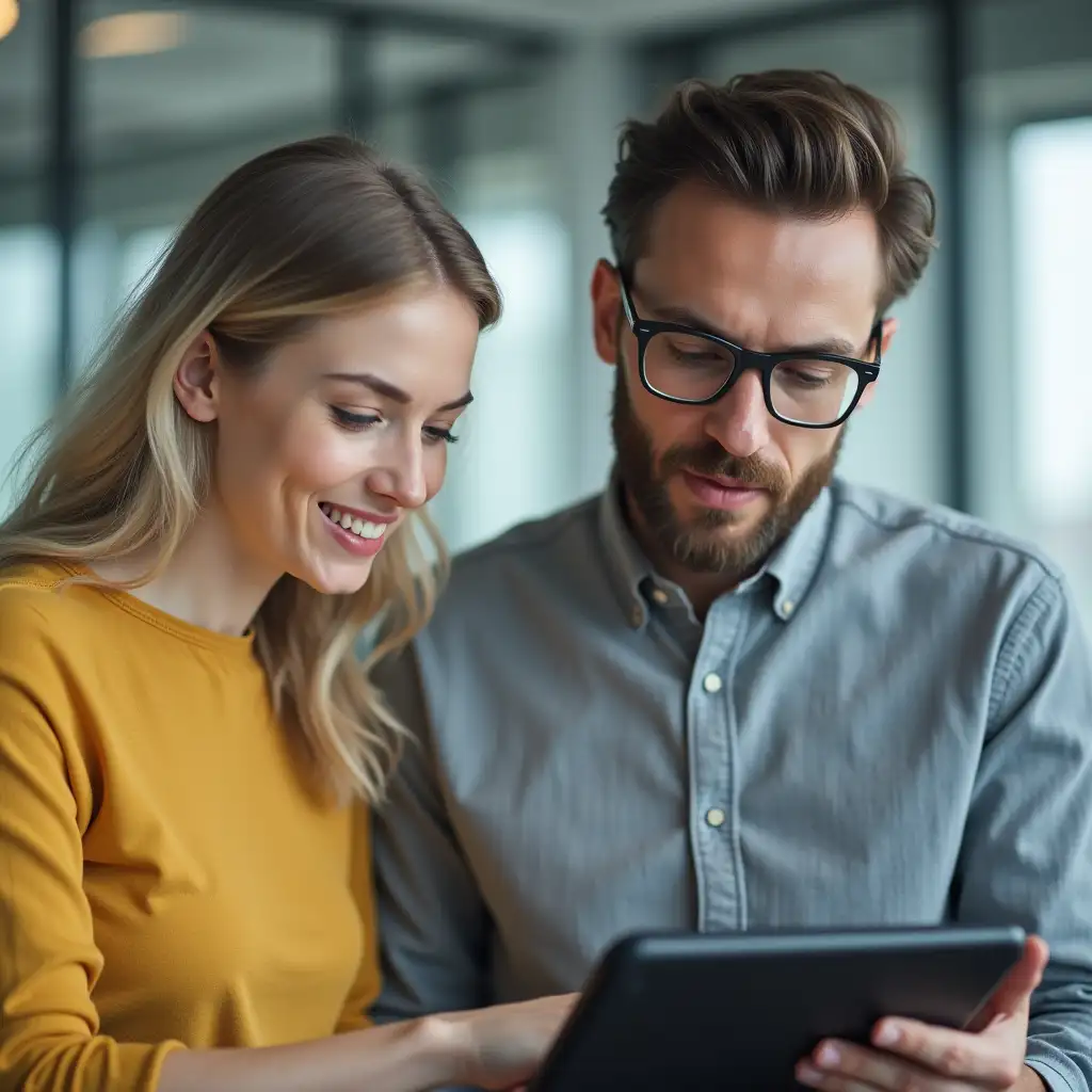 Professional workplace photo featuring a European man in a gray button-down shirt and a woman in a yellow top collaborating over a tablet. Natural, candid expressions as both look down at a black tablet with protective cover. Shot in modern office setting with soft bokeh background. Clean, bright lighting with partial glass reflection overlay. Close-up composition with shallow depth of field. Professional grade photography with sharp detail and natural skin tones.