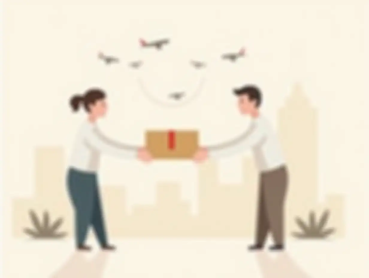 vector illustration for a website about finding sellers. Minimalistic style, 2 characters, one passing a parcel to another, with planes flying in the background