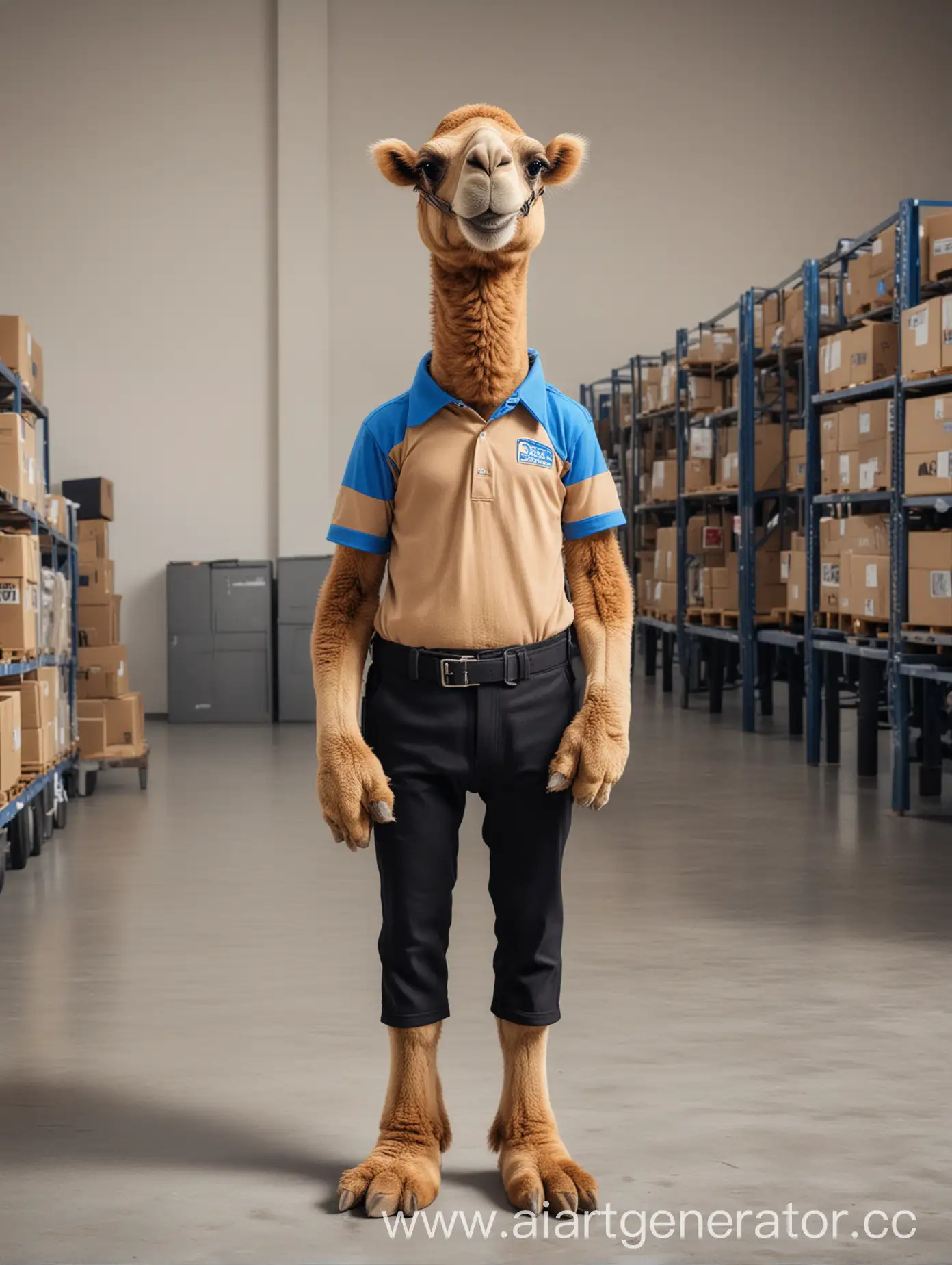 The mascot of the logistics company is Sebastian the camel. He is the best logistician of all. He is the leader of the company, wears a blue collared T-shirt and black trousers