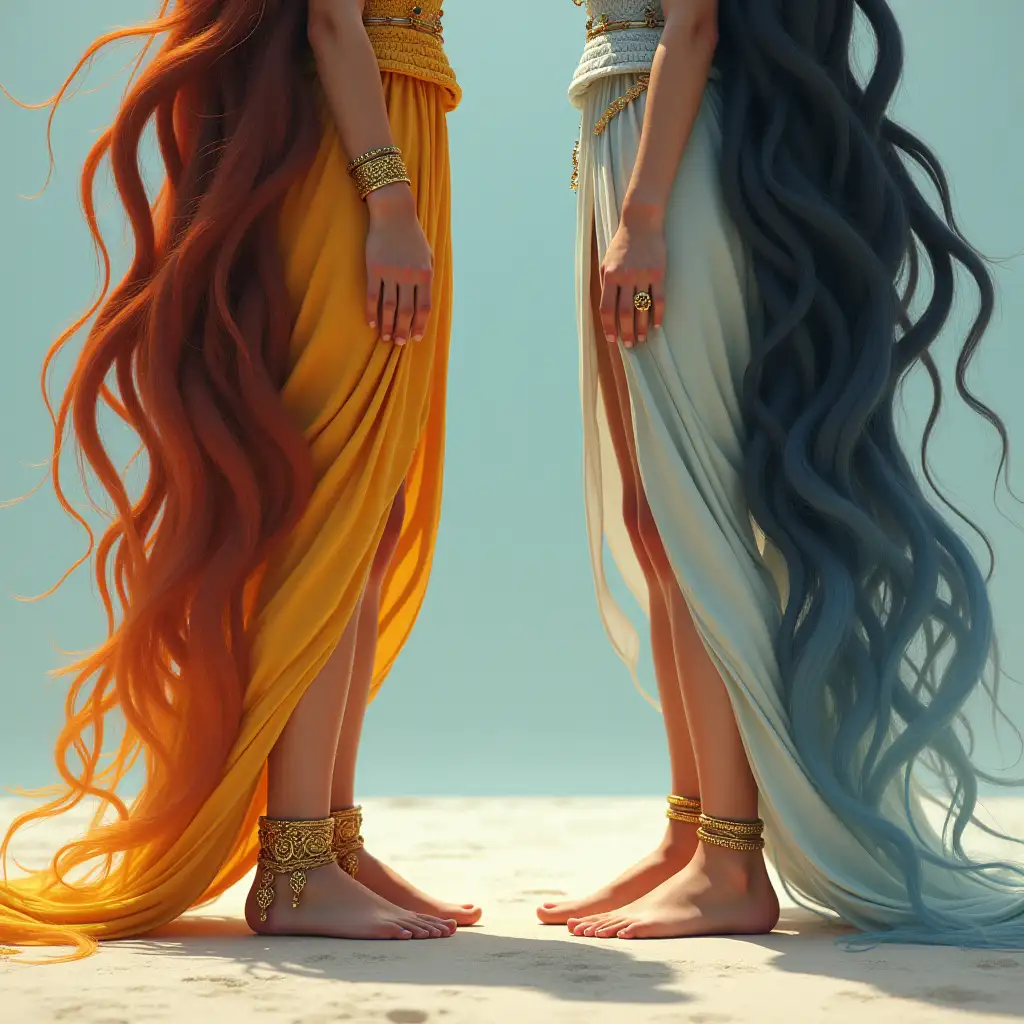 photo-realistic, organic motifs, elegant composition, 8k resolution, smooth curves, bright colors, allegorical symbolism, exquisite aesthetics, masterful execution, three-dimensional shadows. Two women with disproportionately large bare feet and toes standing facing each other. Both have extremely long hair. The left girl is wearing sun themed eastern clothing and has golden anklets and bracelets. The right girl is wearing moon and star themed eastern clothing and has silver anklets and bracelets. The feet are at least as large as the underarm.