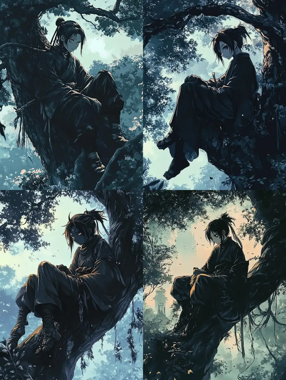 Gothic-Ninja-Character-in-Anime-Style-Watching-Over-a-Village-from-a-Tree