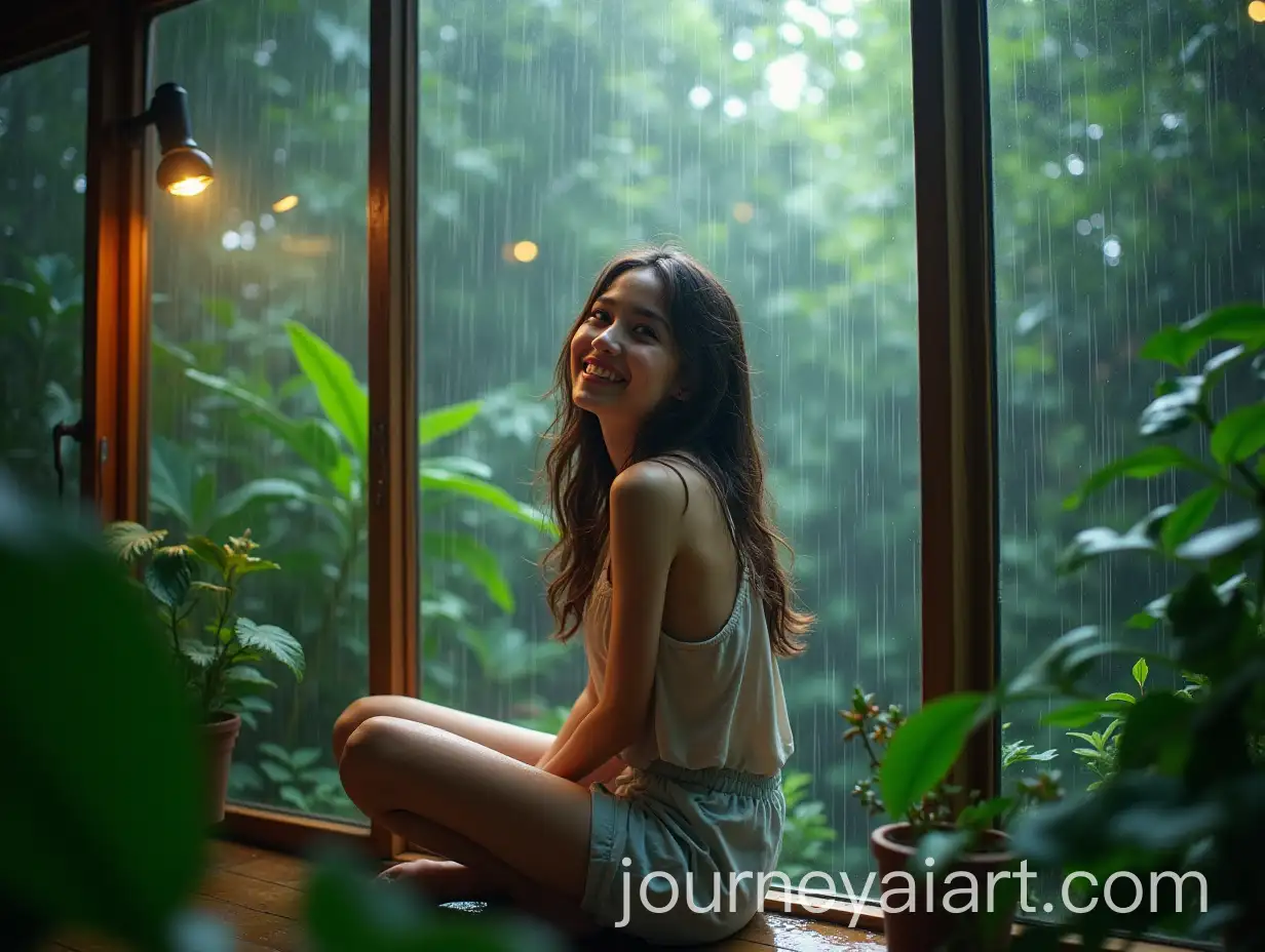Girl-in-Transparent-Cabin-Surrounded-by-Lush-Jungle-and-Rain