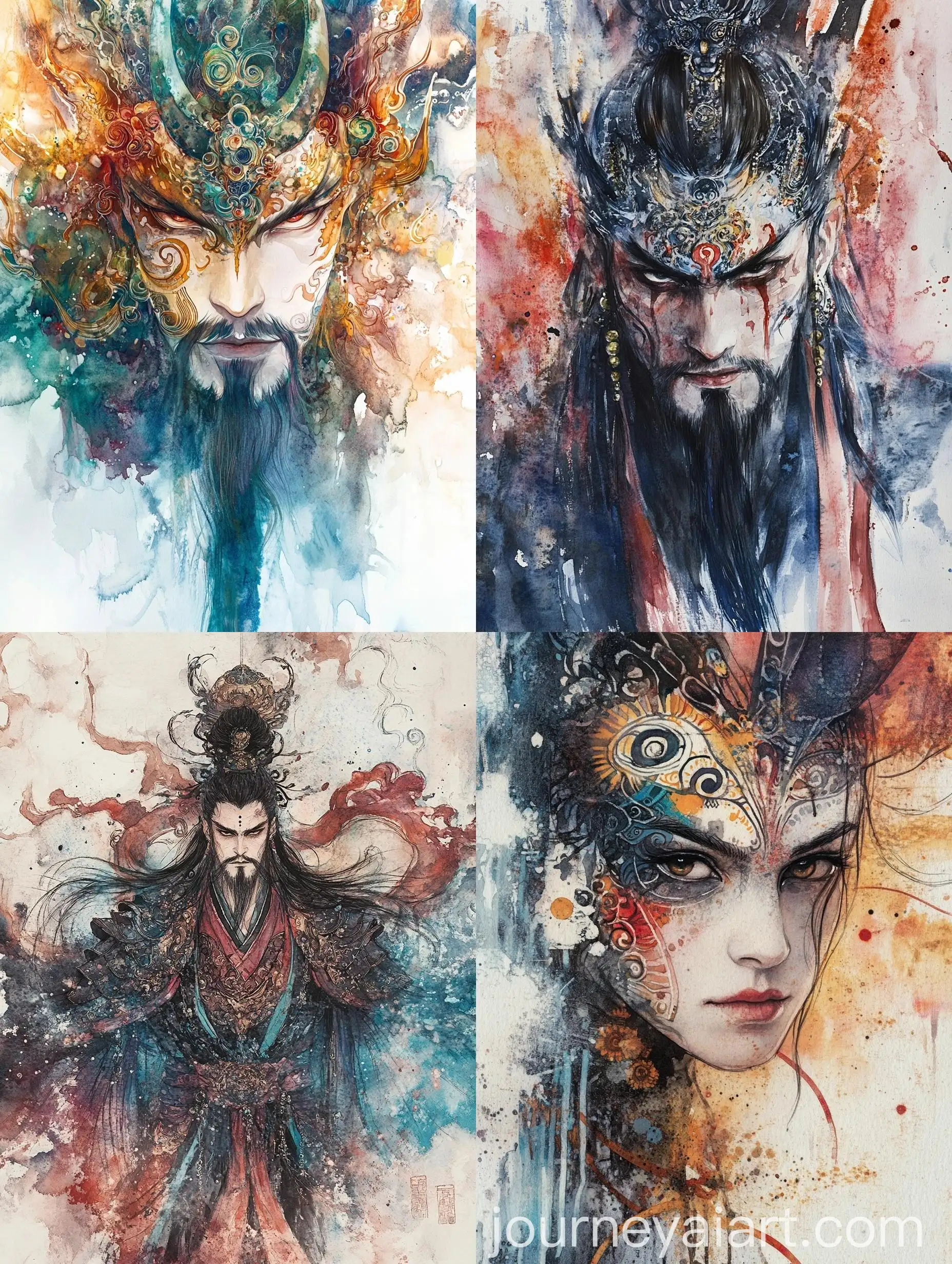 Taoist-Spirit-Warrior-Portrait-with-Intricate-Watercolor-Detail