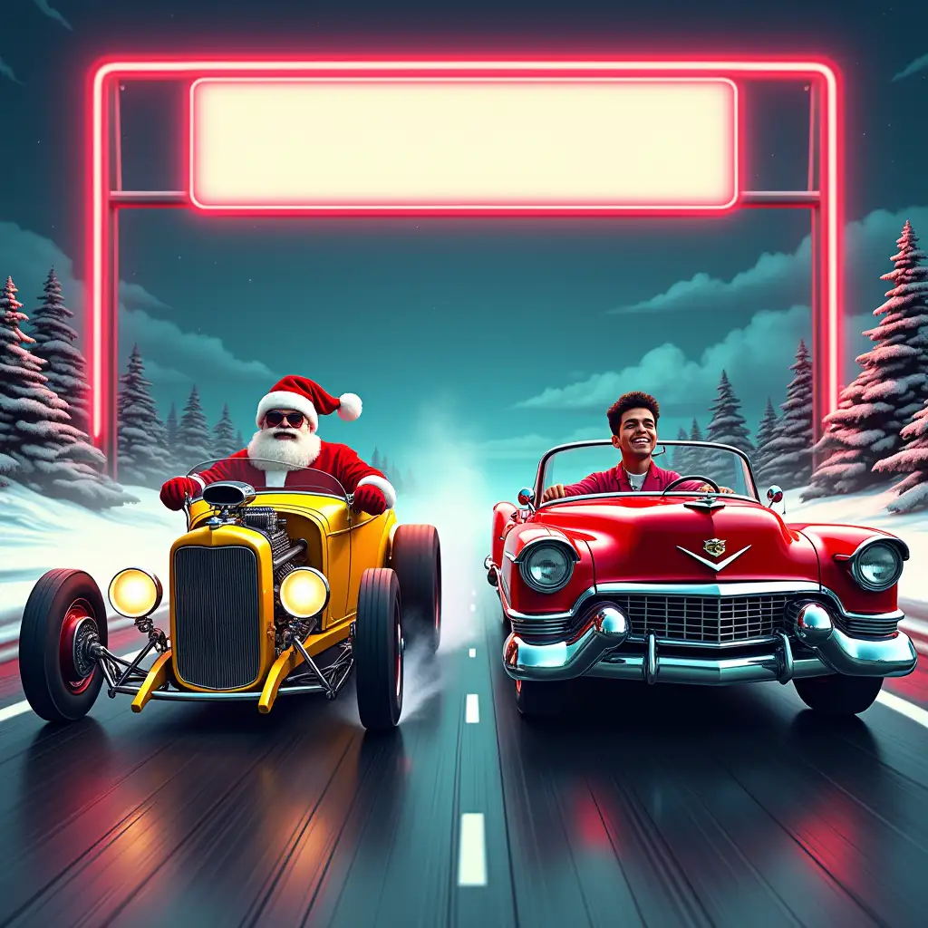 situation, car race on a dragstrip, in the 50s style. competitors, one is santa claus with sunglasses in a yellow ford hot rod and the other is a famous singer from the 50s with a quiff in a red cadillac eldorado. The background of the image should have a neon light rectangle at the top, empty inside to add content later. The background of the image should have some christmas theme