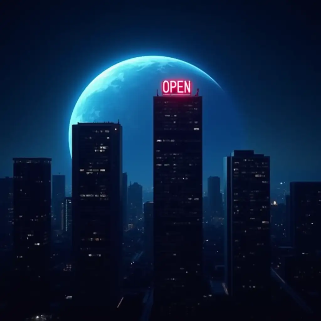 Night-Cityscape-with-Glowing-OPEN-Sign-and-Blue-Planet-in-Background