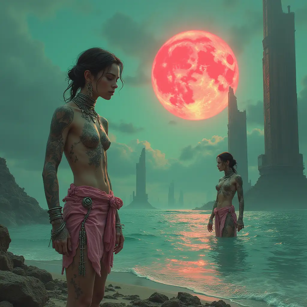 Highly detailed digital painting of a beautiful, cybernetically enhanced figure of a sweet woman in a post-apocalyptic sea. The figures are adorned with tattoos and glowing implants, and their clothing is a mix of tattered pink-green scraps and advanced synthetic materials. The backdrop is a vast sea of ​​barren, barren landscape with towering rusty skyscrapers and a stormy sky. sun in the form of a car tire Dramatic lighting, cinematic composition, 8k resolution. Art by Alphonse Mucha and Simon Stålenhag.