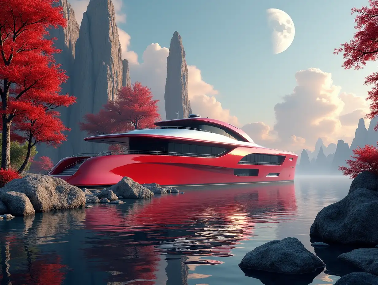 Create a high-resolution realistic image in 4k resolution a futureistic red with silver buildings with curved tall pillars, valley large trees, rock flowers a futureistic very large yacht with glass window cloudy sky with moon