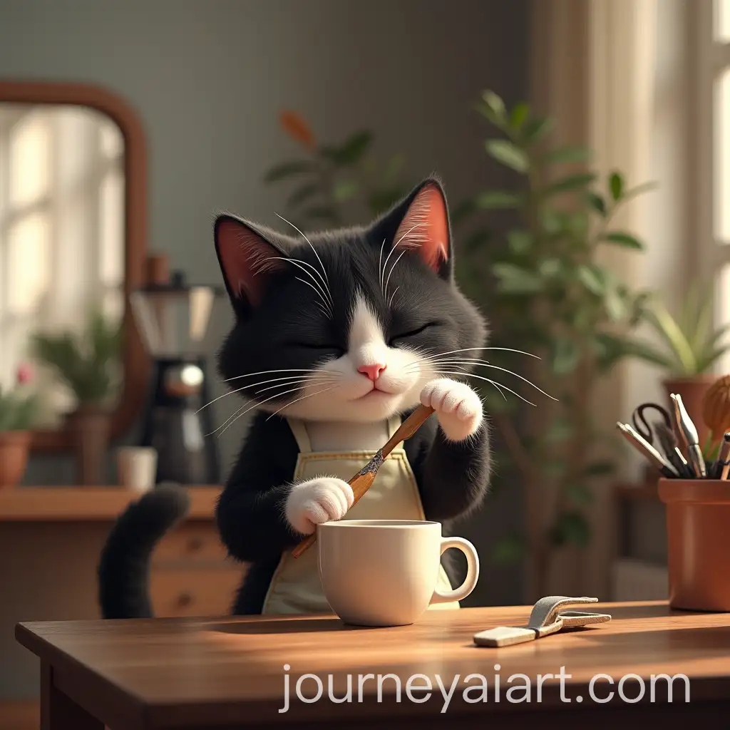 Tuxedo-Cat-Preparing-for-Work-as-a-Nail-Technician-with-Coffee-and-Claw-Sharpening