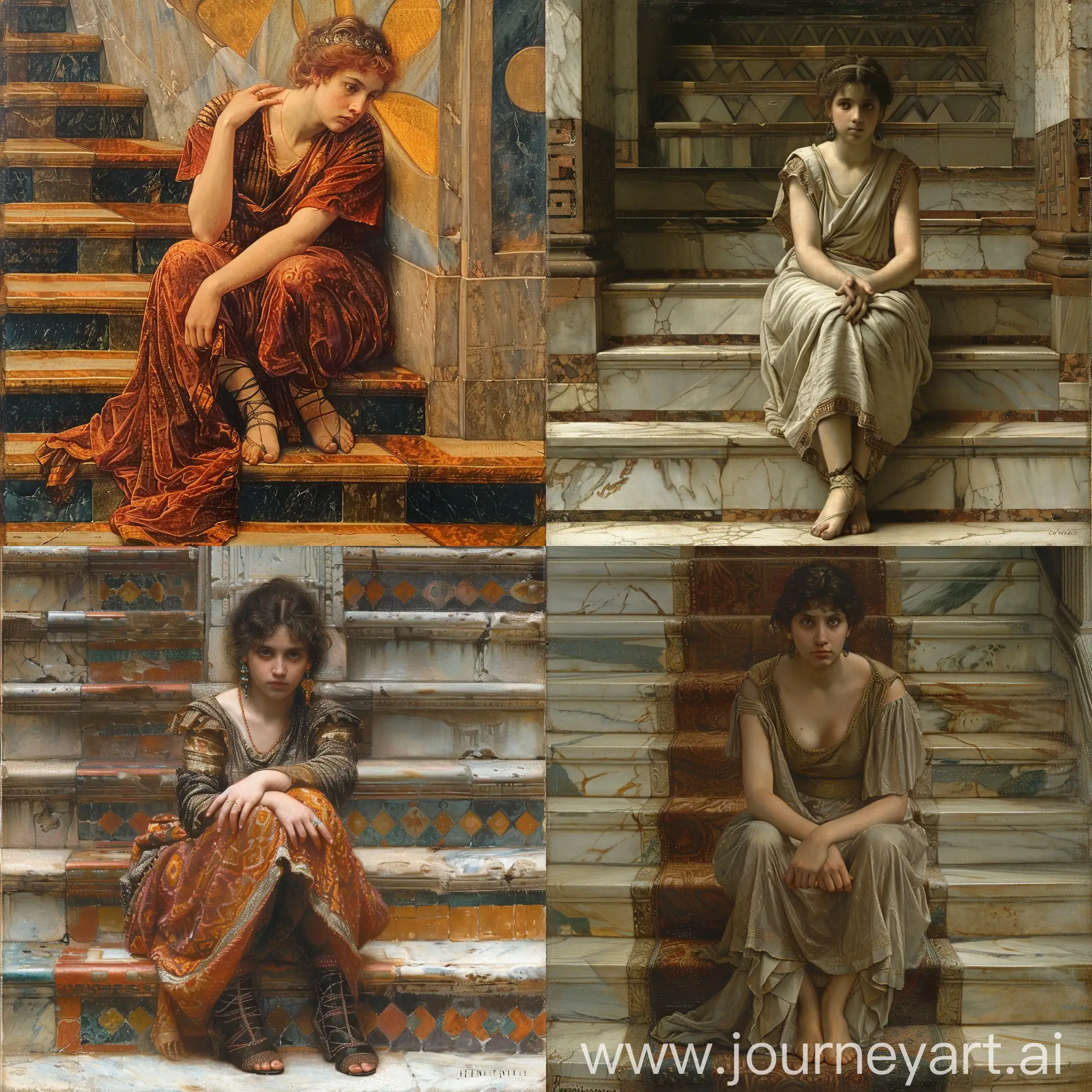 Renaissance-Painting-of-an-Ancient-Roman-Girl-Sitting-on-a-Staircase