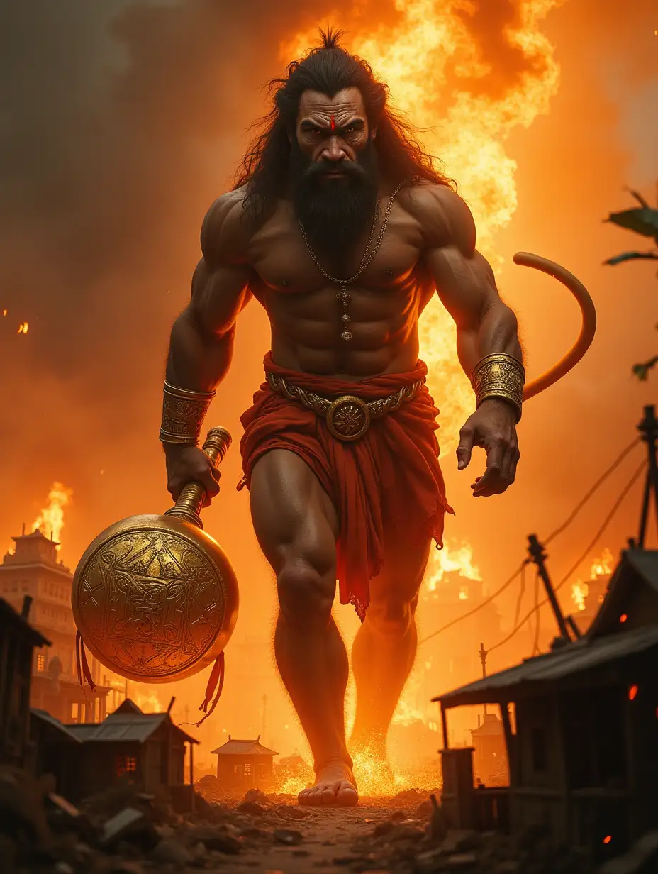 Giant-Hanuman-Walking-Through-Fiery-Ruins-of-Lanka-with-Blazing-Tail-and-Golden-Mace