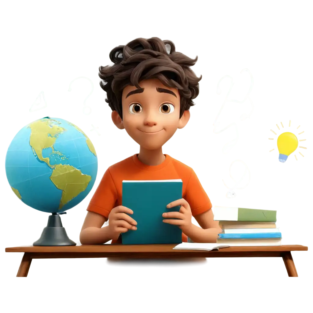 Create an animated image of a boy sitting at a desk with a thoughtful expression. He has a question mark floating above his head, symbolizing curiosity. Surround him with various symbols of knowledge and learning, including books, a light bulb, mathematical symbols, and a globe