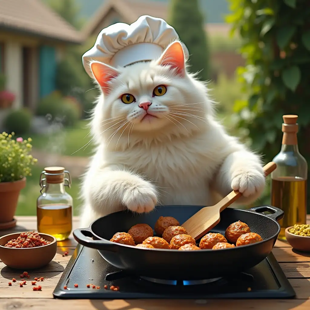 a very large funny creature anthropomorphic white cat, The fluffy white cat, still wearing its chef’s hat, is standing upright at a gas stove beside the rustic wooden table. It is using a wooden spatula in its right paw to turn golden-brown meatballs sizzling in a black cast-iron skillet. Its left paw steadies the handle of the pan. The scene captures the realism of tiny oil splatters and rich steam wafting from the skillet. Surrounding the table are a small bowl of fried meatballs, a jar of seasoning, and a bottle of olive oil. The warm sunlight filtering through the outdoor kitchen makes the vibrant green garden and cozy cottages in the background even more enchanting.