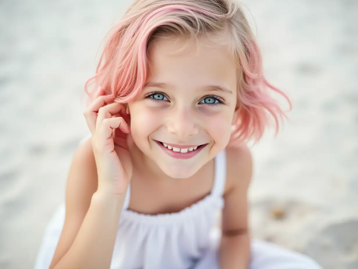 a close-up portrait of a beautiful white 12 years old girl with medium short light pink hair and blue eyes. She cute smiles, her white teeth are visible. She is straightening her hair near her ear. She is sitting on the white sand. She is wearing a white skirt.